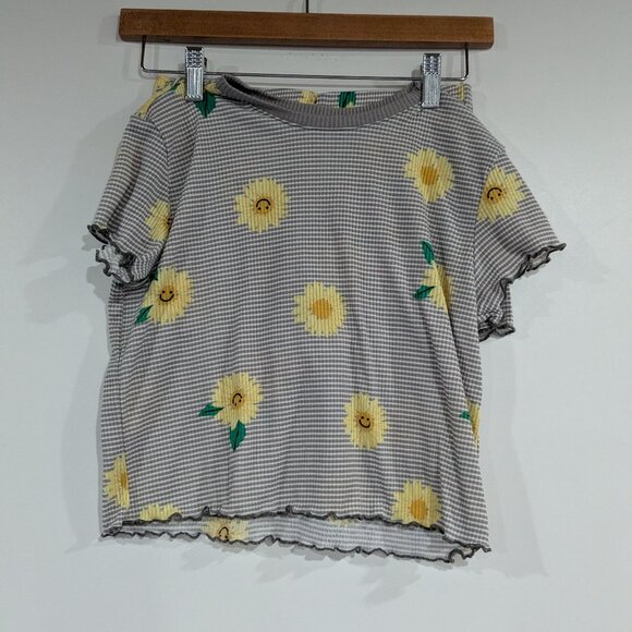 Old Navy Ribbed Lettuce Hem Sunflower Print Pajama Set Grey Yellow Size Medium - Picture 1 of 4